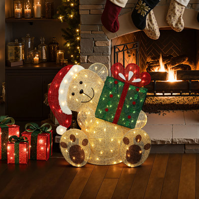 2.6 Ft Pre-Lit Christmas Decor 3D Glittered Fabric Greeting Bear