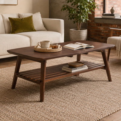 Solid Wood Coffee Table with Storage Shelf, Foldable Legs Mid-Century Rectangular Center Table for Living Room, Bedroom and Home Office