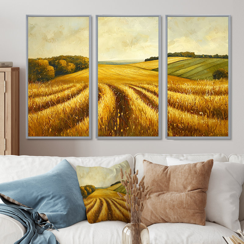 «Countryside Golden Fields In Autumn III», décoration murale campagne - 3 pièces, Argent argent, H 32 po x l 48 po