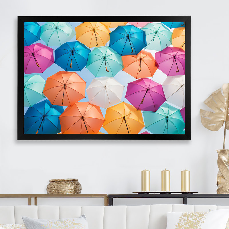 Multicolore parapluies photo moderne sur toile, H 30 po x l 40 po x P 1,5 po, Cadre simple noir