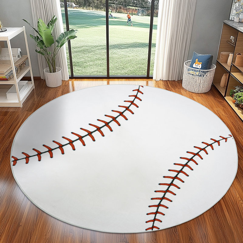 Round 47inch Children's Area Rug,Baseball Pattern, Faux Cashmere Non-Slip Carpet, Suitable for Living Room, Bedroom, Children's Room, Home Decor