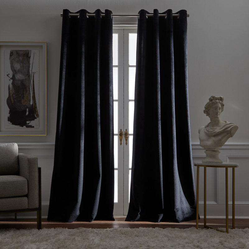 Velvet Blackout Grommet Ochre Curtain Panel Pair (Set of 2), Black, 50"W x 95"L
