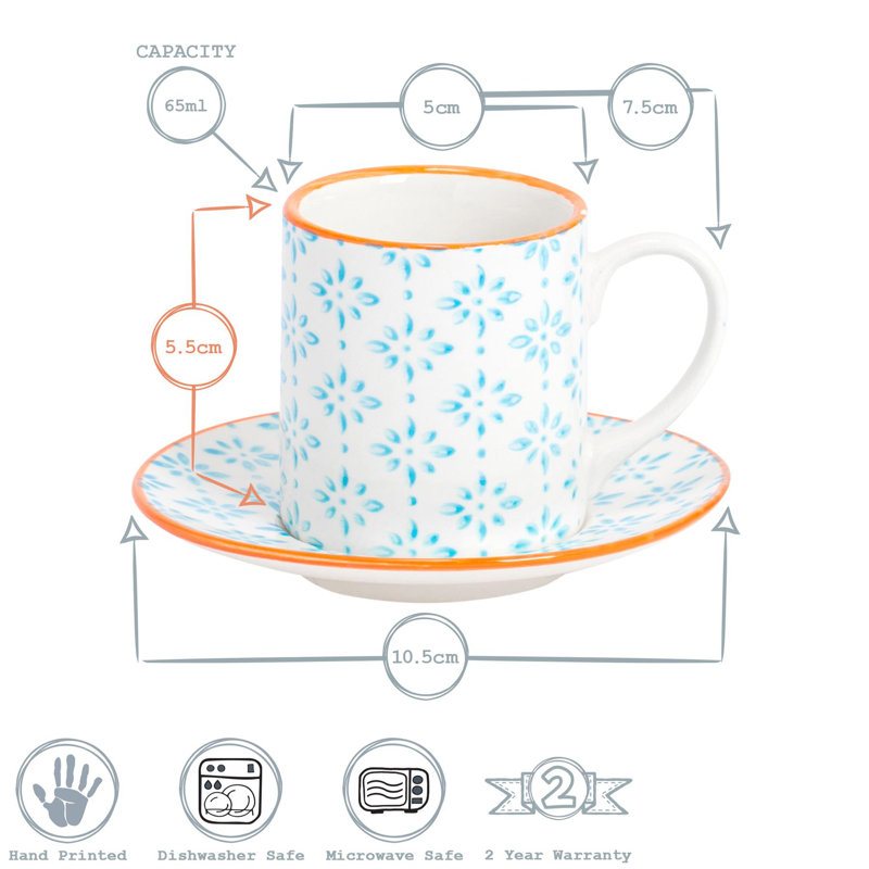 Nicola Spring - Hand-Printed Espresso Cup & Saucer Set - 65ml - Blue, 6