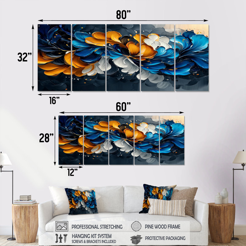 Bleu orange délicat, pétales de fleurs en mouvement - fleurs, décoration murale - art mural moderne, H 28 po x l 60 po, 5