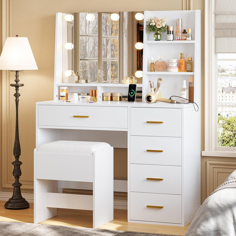 Makeup Vanity Desk with Mirror & Stool White, White