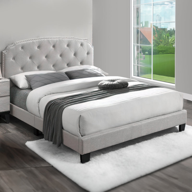 Lit plateforme tapissier Tuffeté Alvena, Gris pale, Simple