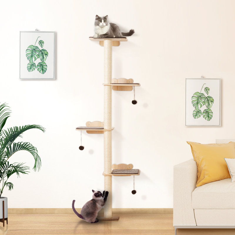 Arbre à chat 4 étages, ensemble de meubles muraux pour chat avec 4 planches à sauter, tablette flottante murale pour chat jusqu'à 40 lb, perchoir pour chat en bois de pin de 12 mm pour dormir, jouer et grimper