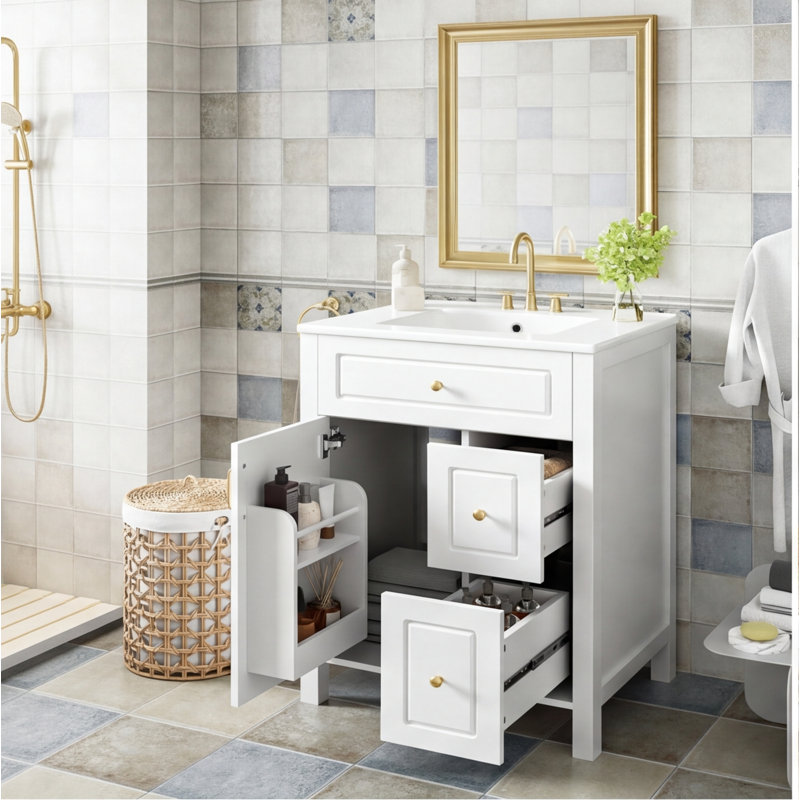 Meuble-lavabo de 61 cm (24 pouces) avec lavabo en céramique – Porte à fermeture douce, 2 tiroirs et étagère de rangement double