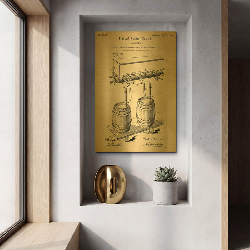 «Beer Barrel Vintage Abstract Blueprint» par Luxe, art mural en métal doré, 12 po x 16 po, 12 po x 16 po
