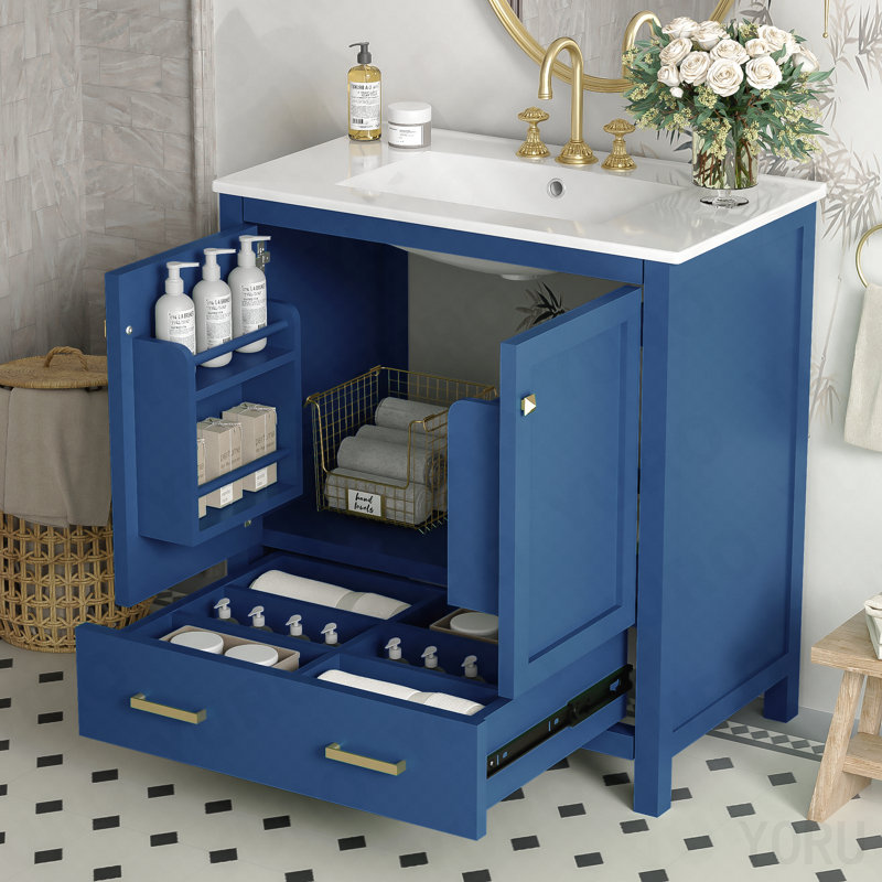 Meuble-lavabo bleu 30 po avec lavabo simple, meuble-lavabo sous-comptoir, armoire de rangement avec 2 portes et un tiroir, fermeture en douceur, rangement multifonctionnel, structure en bois massif