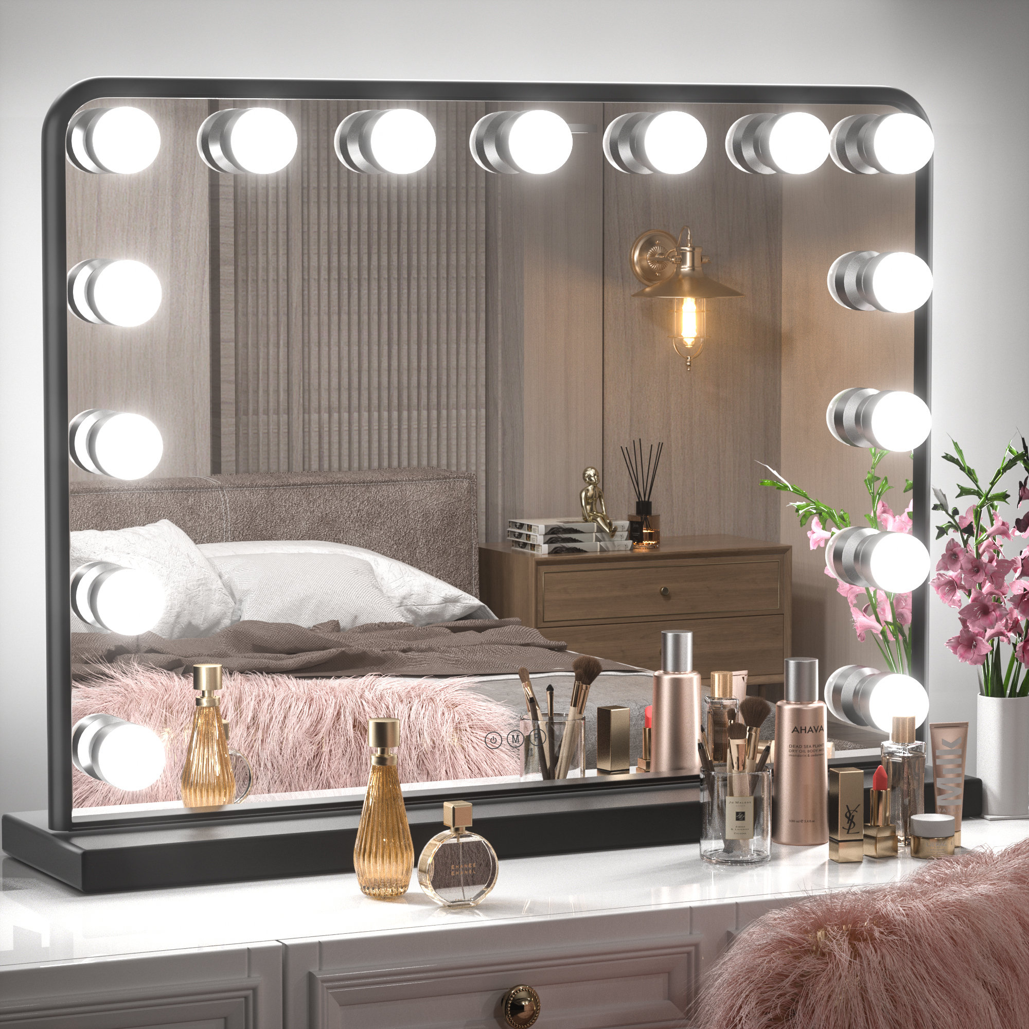 Venetian Lighted Hollywood Frame Makeup Mirror with 3 Color Lights & Memory Function Latitude Run Size: 23 x 18, Finish: Black