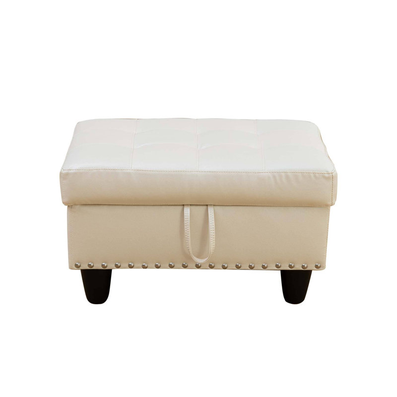 Rectangular Storage Ottoman Bench, White Faux Leather Footrest with Nailhead Trim, Coffee Table Stool for Living Room, Bedroom, Entryway