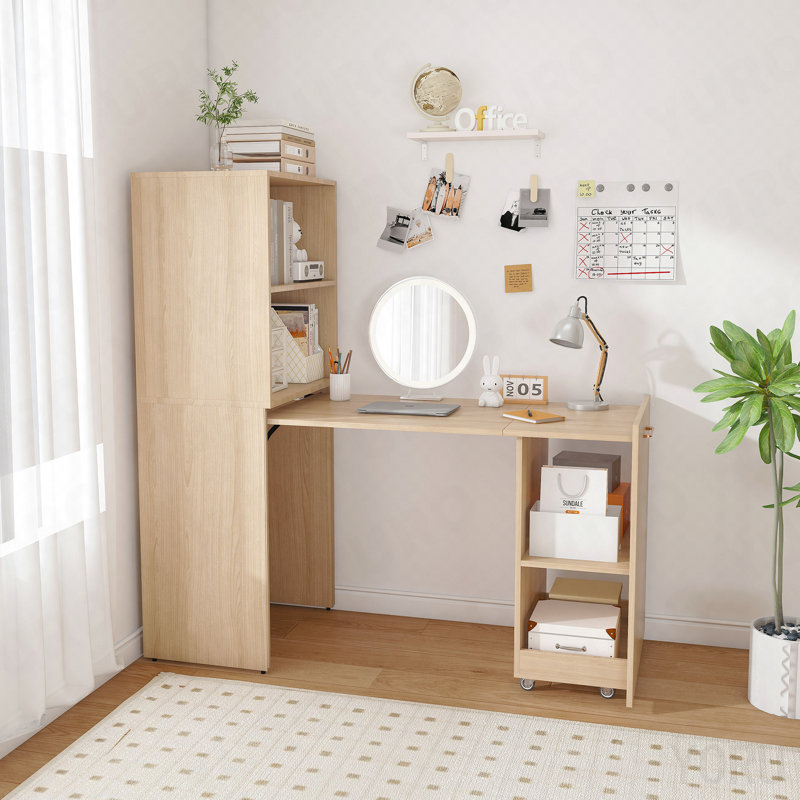Bureau extensible - Tablettes de rangement, roulettes - Burlywood