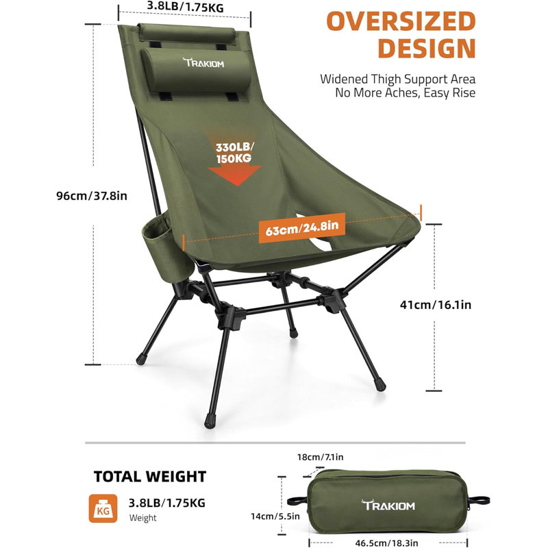 Portable Compact Camping Chair, Lightweight Folding Chair with Adjustable Head Support & Widened Seat, Green