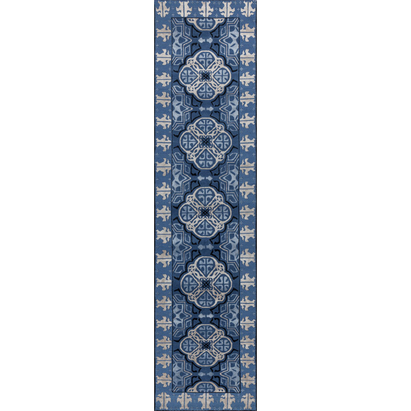 Capistrano Geometric Area Rug in Blue/Silver/Ebony, Runner 3' x 12'