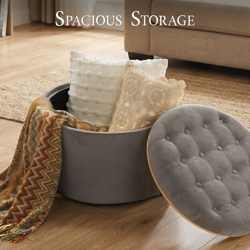 23.5" Wide Round Upholstered Ottoman With Storage, Gray