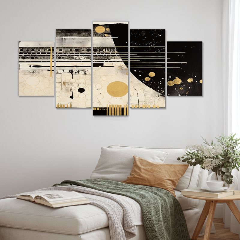 Or, noir, blanc, dimanche, Jazz I - Collages abstraits, art mural sur toile, 5 pièces, H 32 po x l 60 po