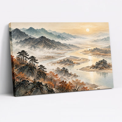 «Winding River Through Misty Mountains and Autumn Trees», art mural sur toile
