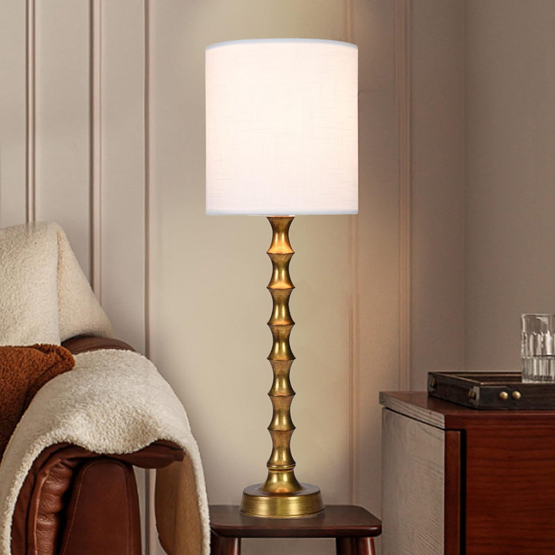 30.5" Gold Bamboo Candlestick Buffet Lamps with White Shades