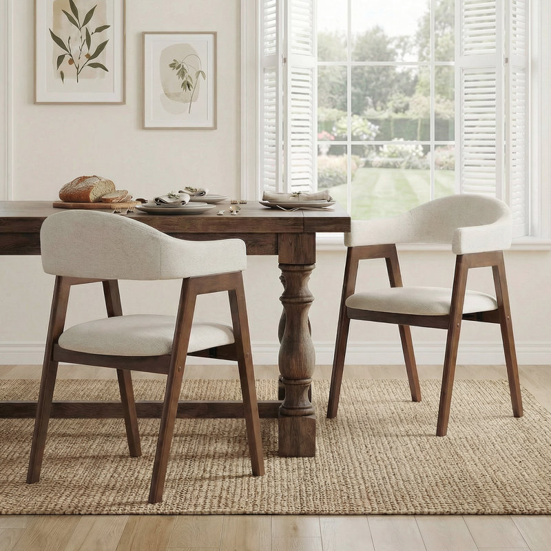 Chaise rembourrée de style Mid-Century avec dossier courbé et pieds en bois massif, Beige