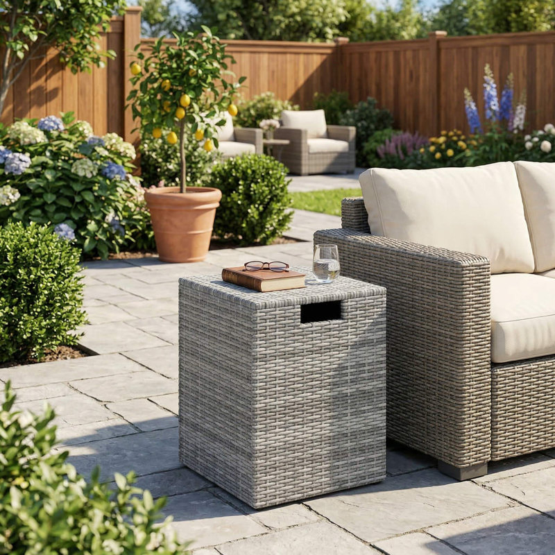 Table d'appoint avec couvercle de réservoir en propane robuste en rotin tissé à la main avec cadre de support stable et plateau plat lisse pour barbecue dans la cour arrière