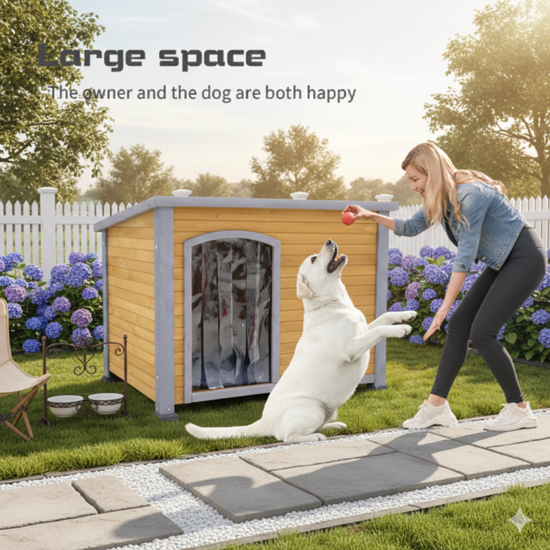 Niche pour chien en bois massif de 45 pouces pour l'hiver, convenant à l'intérieur et à l'extérieur, avec rideau en plastique pour la protection contre les courants d'air et tapis isolant