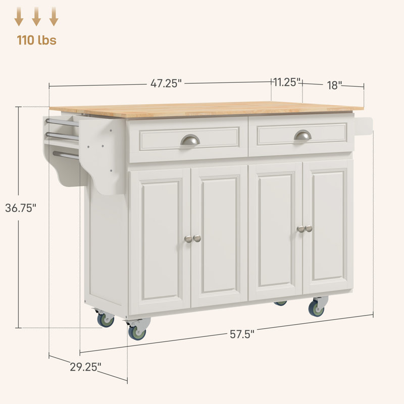 Cream White Wood Drop Leaf Kitchen Cart with Storage and Spice Rack
