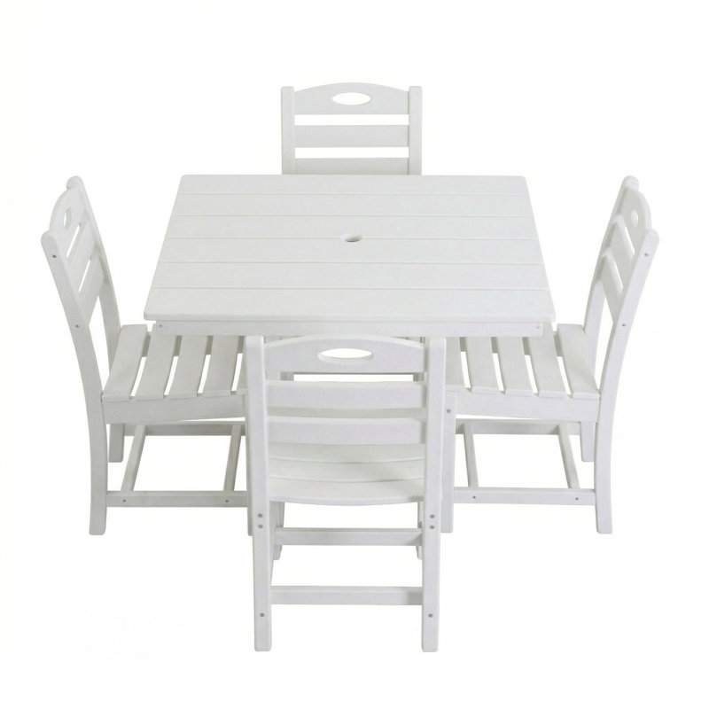 Ensemble repas d'extérieur pour 4, ensemble de patio 5 pièces avec table carrée et 4 chaises, trou pour parasol, White, 4