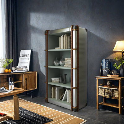 Industrial Metal-Wrapped Wooden Cabinet Bookcase