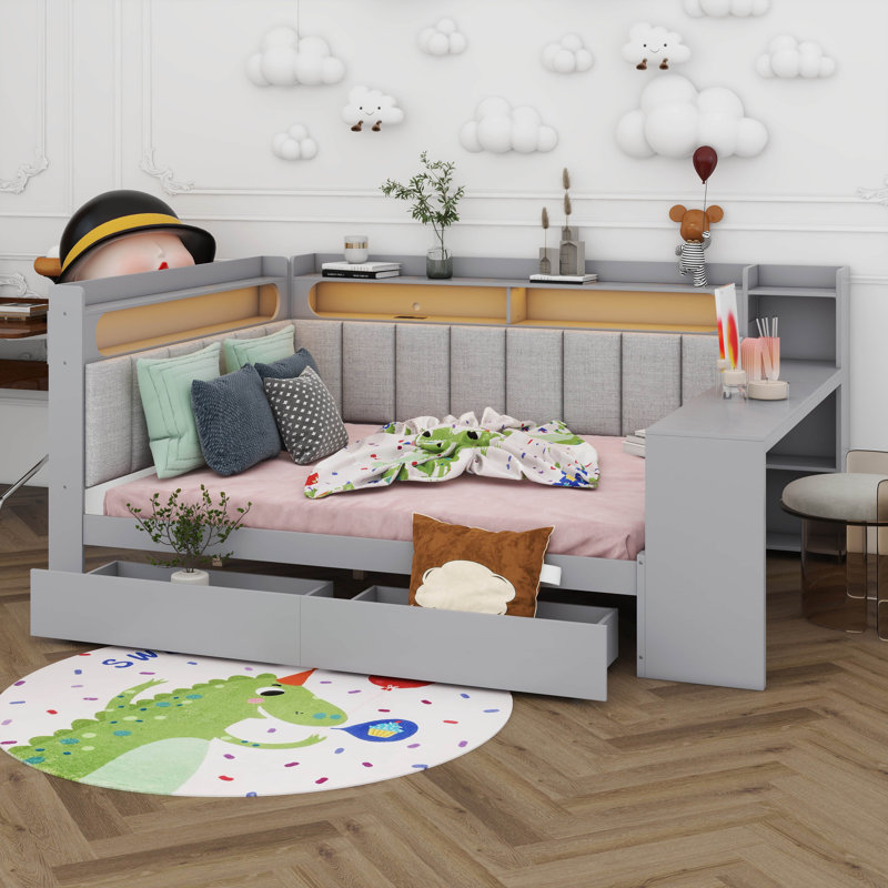 Lit de jour double avec tablettes et tête de lit tapissier, cadre de lit d'angle avec tiroirs et station de charge, lumière DEL et bureau