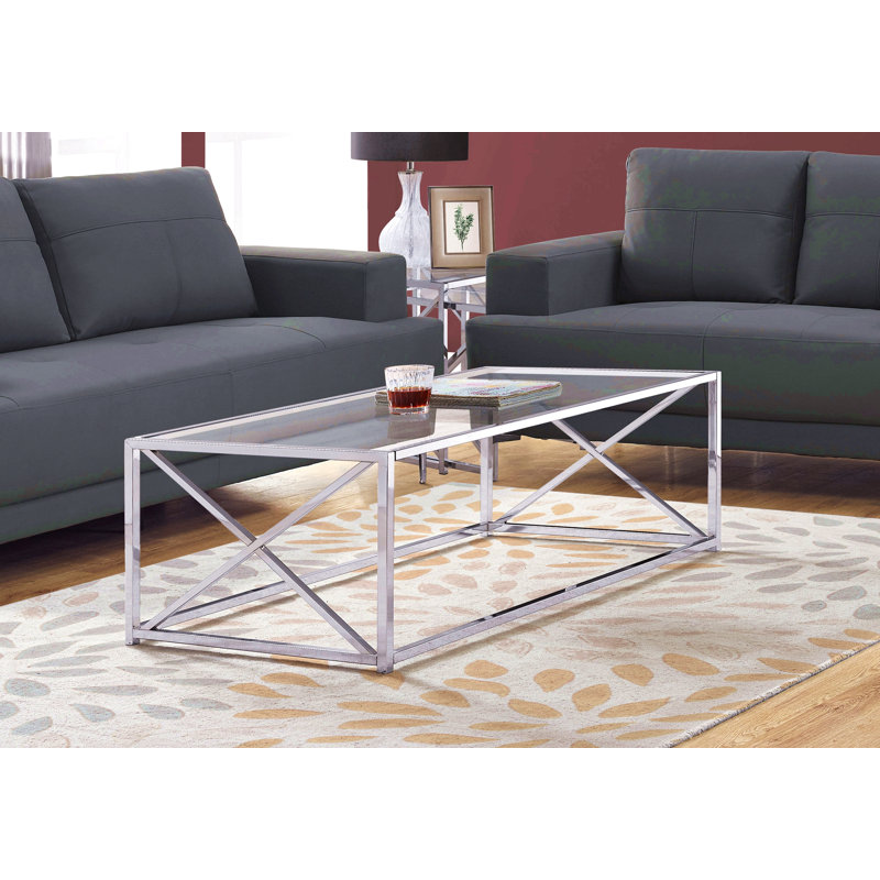 Table basse, accent, cocktail, rectangulaire, salon, L 44 po, verre trempé transparent, métal chromé, contemporain, moderne