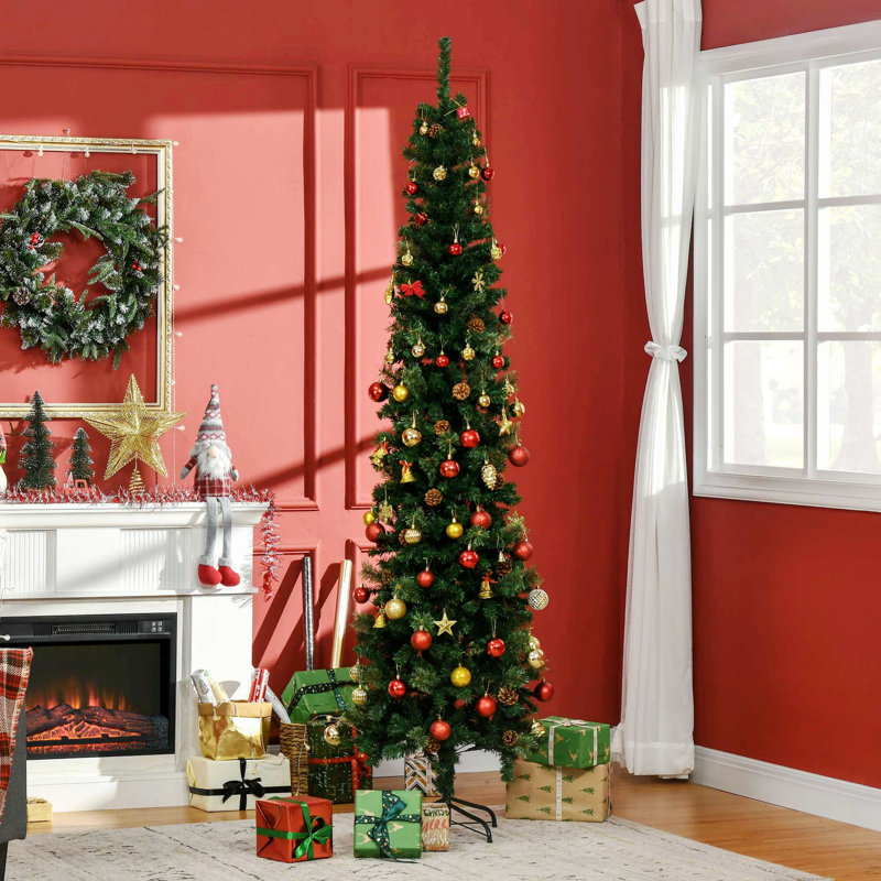 Artificial Christmas Tree, Slender Tree With Metal Base, 7.4'