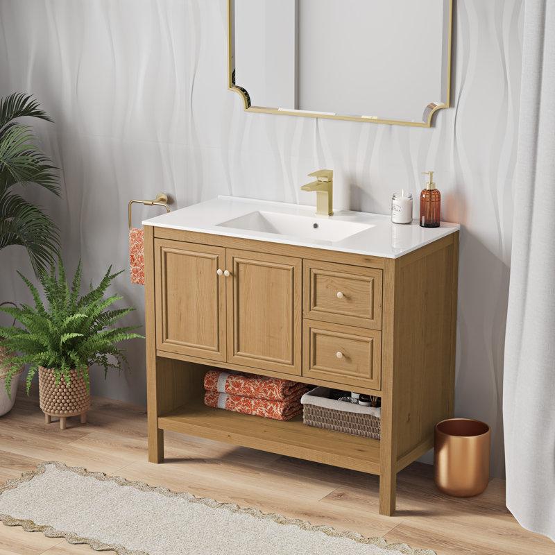 Chateau 36" Freestanding Bathroom Vanity in Golden Oak with White Scratch Resistant Ceramic Sink Top, White, Golden Oak