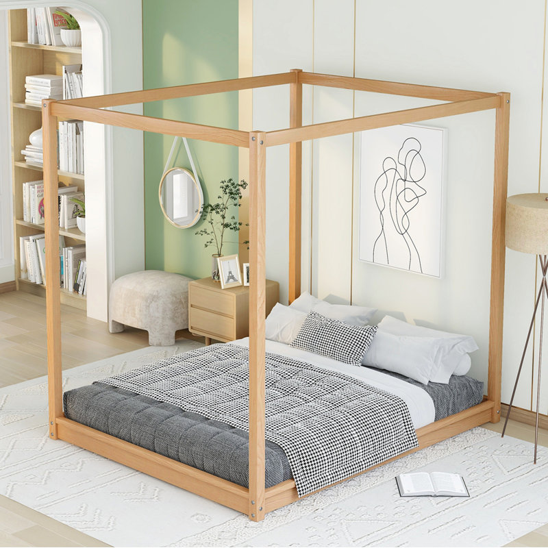 Grand lit plateforme à baldaquin avec pieds robustes pour une stabilité accrue et une élégance moderne.