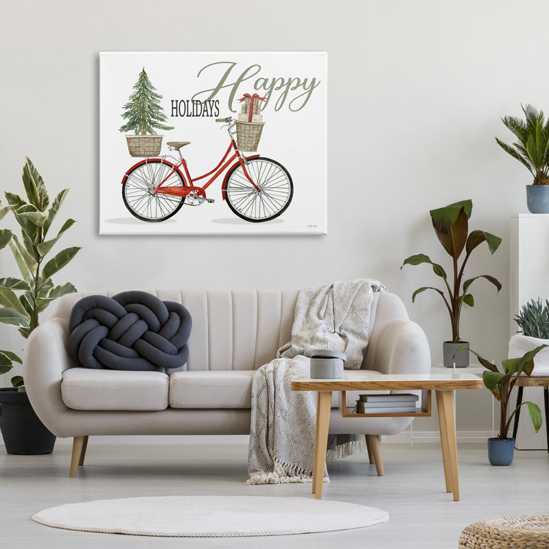 Joyeuses fêtes, bicyclette festive rouge présente un panier noir, estampe numérique texturée de Cindy Jacobs, Toile tendue