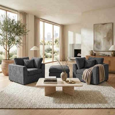 Ensemble de chaises d'appoint en U 3 pièces, 2 fauteuils rembourrés en chenille avec repose-pieds mobile, ensemble de chaises longues avec cadre, 2 coussins décoratifs et mobilier de salon moderne