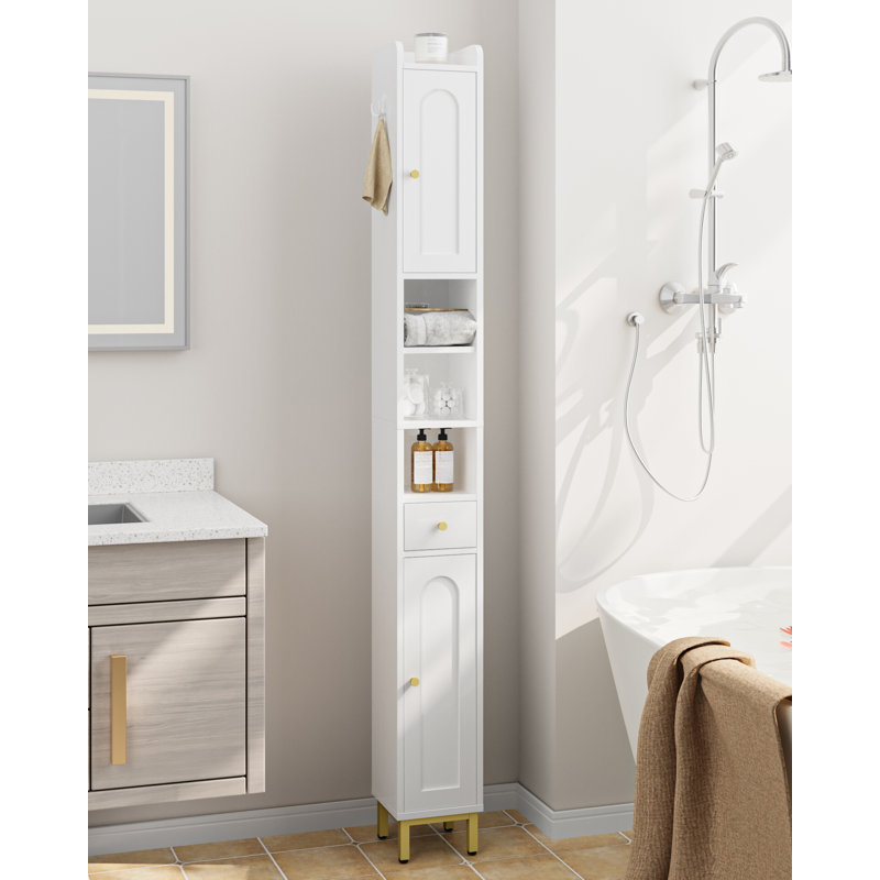 Bathroom Storage Cabinet, Narrow Toilet Paper Storage Cabinet, Tall Toilet Paper Holder with 2 Doors & Drawer, Bathroom Floor Cabinet, Adjustable Shelf for Small Spaces, White 