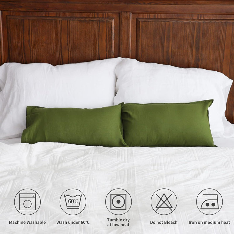 Linen Pillowcases 1 Pair Basic Style 55% Euro Linen 45% Cotton Blend Solid Color Flax Shams Set Of 2，12X20 Inch, Forest