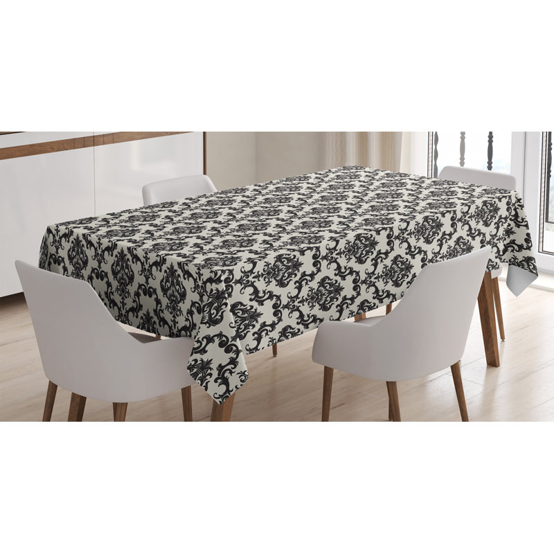 Ambesonne Damask Tablecloth, Contemporary Western Damask Motif With Weave Effect Floral Leaves Graphic Design, Rectangular Table Cover For Dining Room Kitchen Decor, 52" X 70", Beige Black