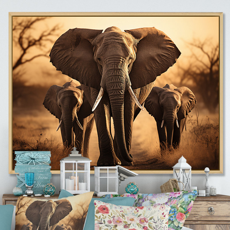 «Elephant Shadows Of Serenity I», art sur toile éléphant, H 24 po x l 32 po x P 1 po, Cadre flottant érable