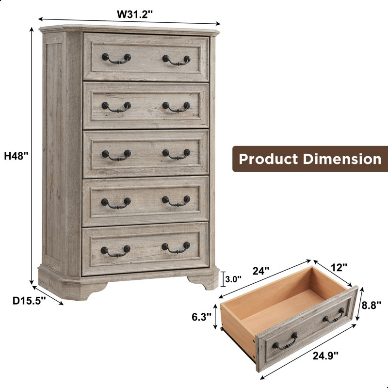 Commode 5 tiroirs Harbison, Chêne rustique pâle