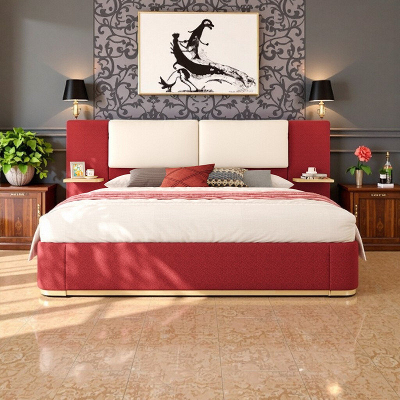 Très grand lit plateforme tapissier avec tablettes intégrées et coins arrondis sans sommier, Très grand lit, Rouge