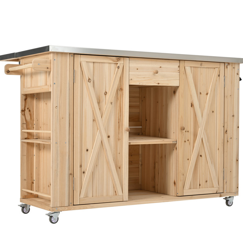 Versatile Outdoor Kitchen Workstation - Fir Wood Construction, Stainless Steel Top, Storage Areas, Towel & Spice , Built-In Bottle Opener, Portable With Lockable Wheels Island Wood, Surface, Spacious