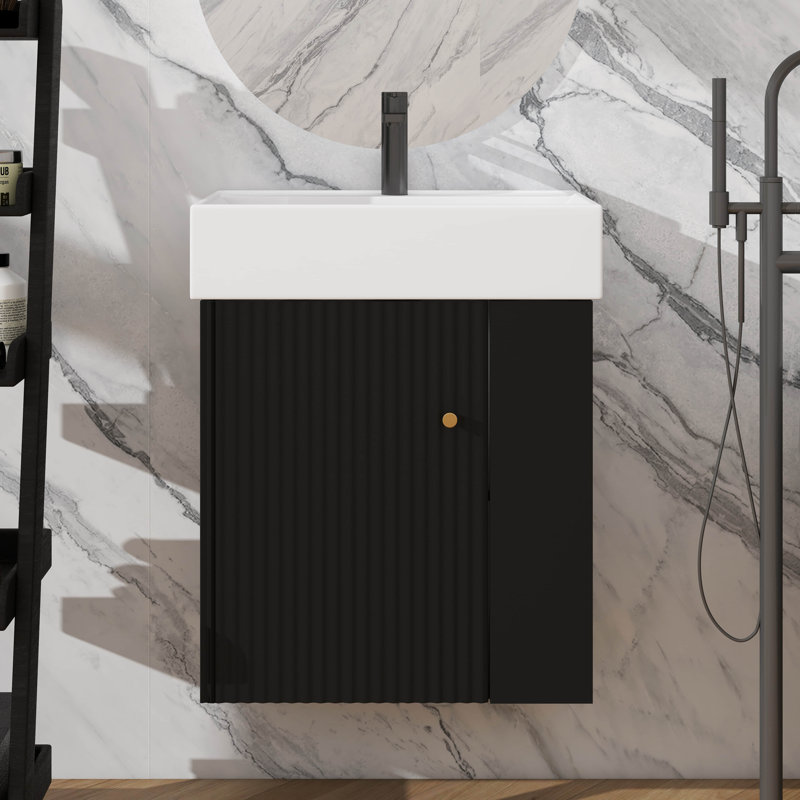 Meuble-lavabo suspendu 21,6 po avec lavabo, pièce murale compacte avec lavabo en céramique, Noir