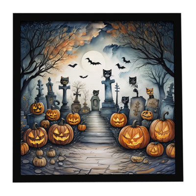 Cat Cemetery Spooky Halloween Framed Metal Print