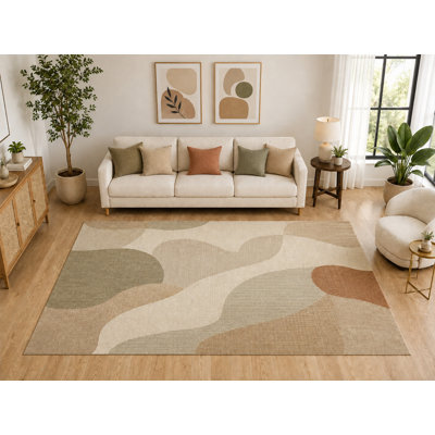 Tapis d'intérieur « ultra fin » de 200 x 300 cm, forme organique, à poils courts et doux, avec envers antidérapant en silicone, pour salon et chambre, beige olive.