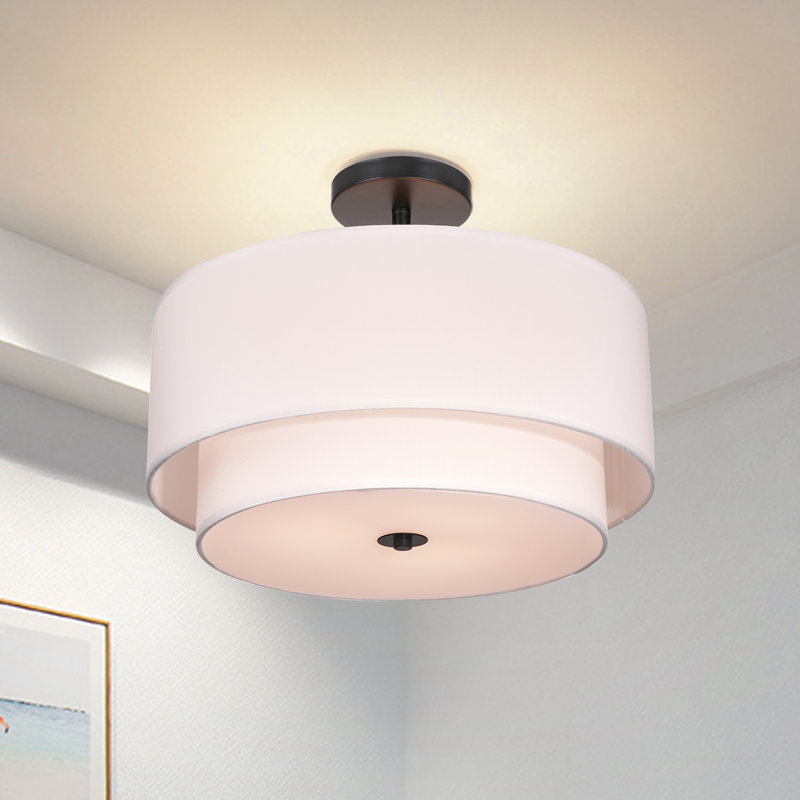 Plafonnier semi-encastré en lin 3 lumières 12,6 "avec abat-jour tambour Farbic pour chambre à coucher