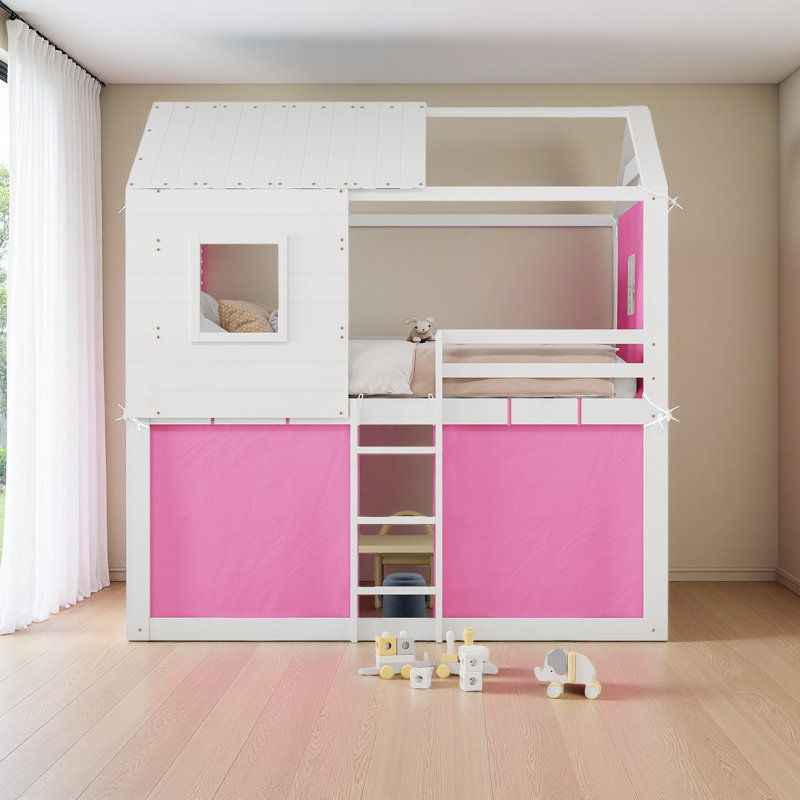 Bunk Wood House Bed With Tent, Full, Pink/White