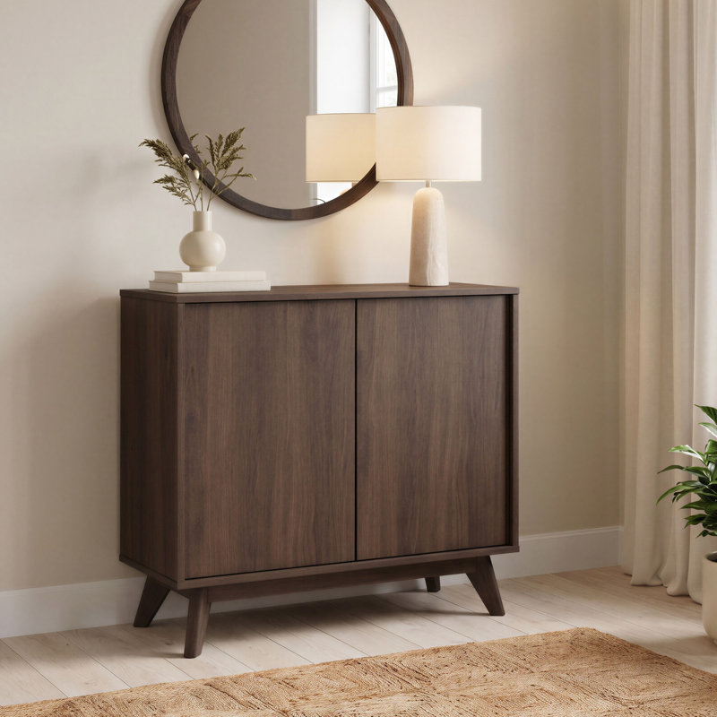 Venne 2 Push-Open Door Wood Effect Small Sideboard With Tapered Legs - Mid-Century Design, Walnut