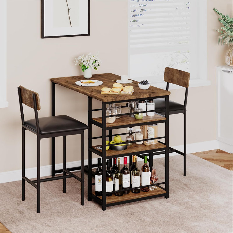 Ensemble de table et de chaises gain de place 3 pièces, brun vintage, 2 chaises avec coussins en PU, 3 étagères de rangement
